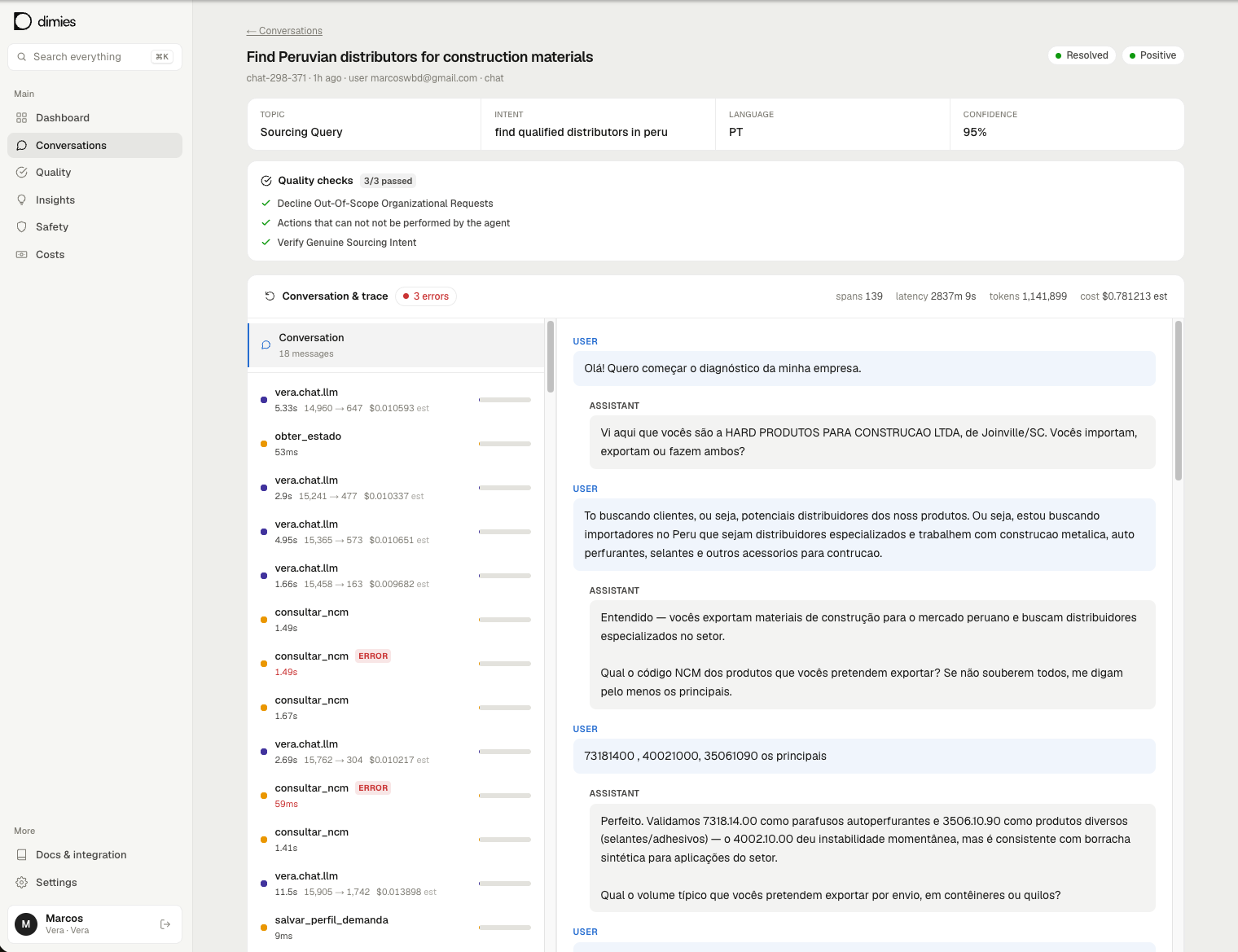 Conversation details with quality checks, model and tool calls, execution errors, latency, token usage, and costs.