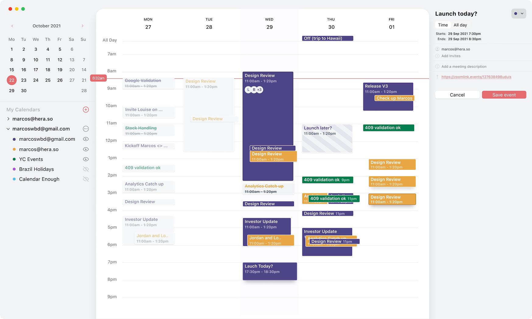 A weekly view with multiple calendars and event details on the right.
