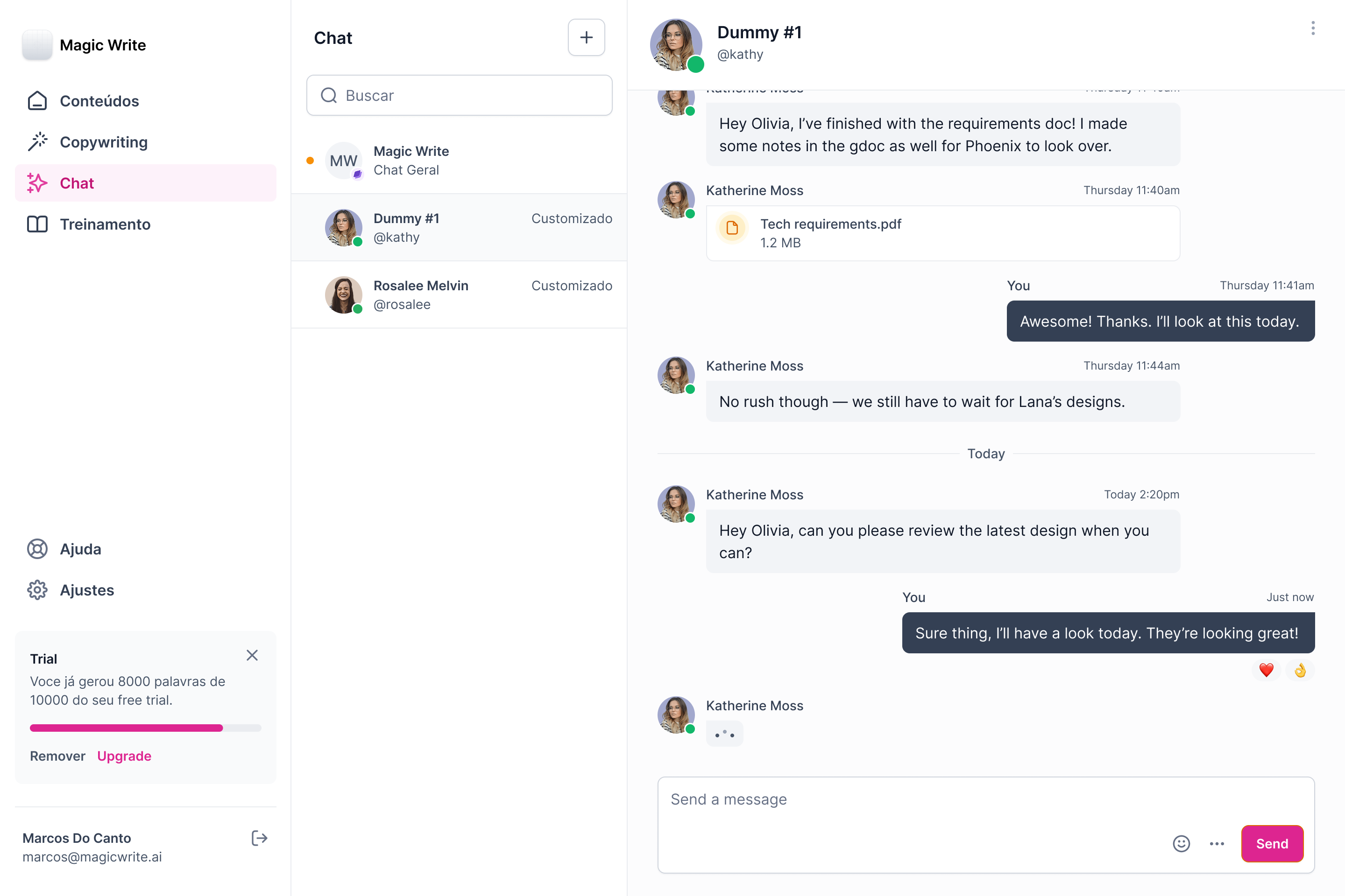 A chat interface with custom conversations, attachments, and message history.