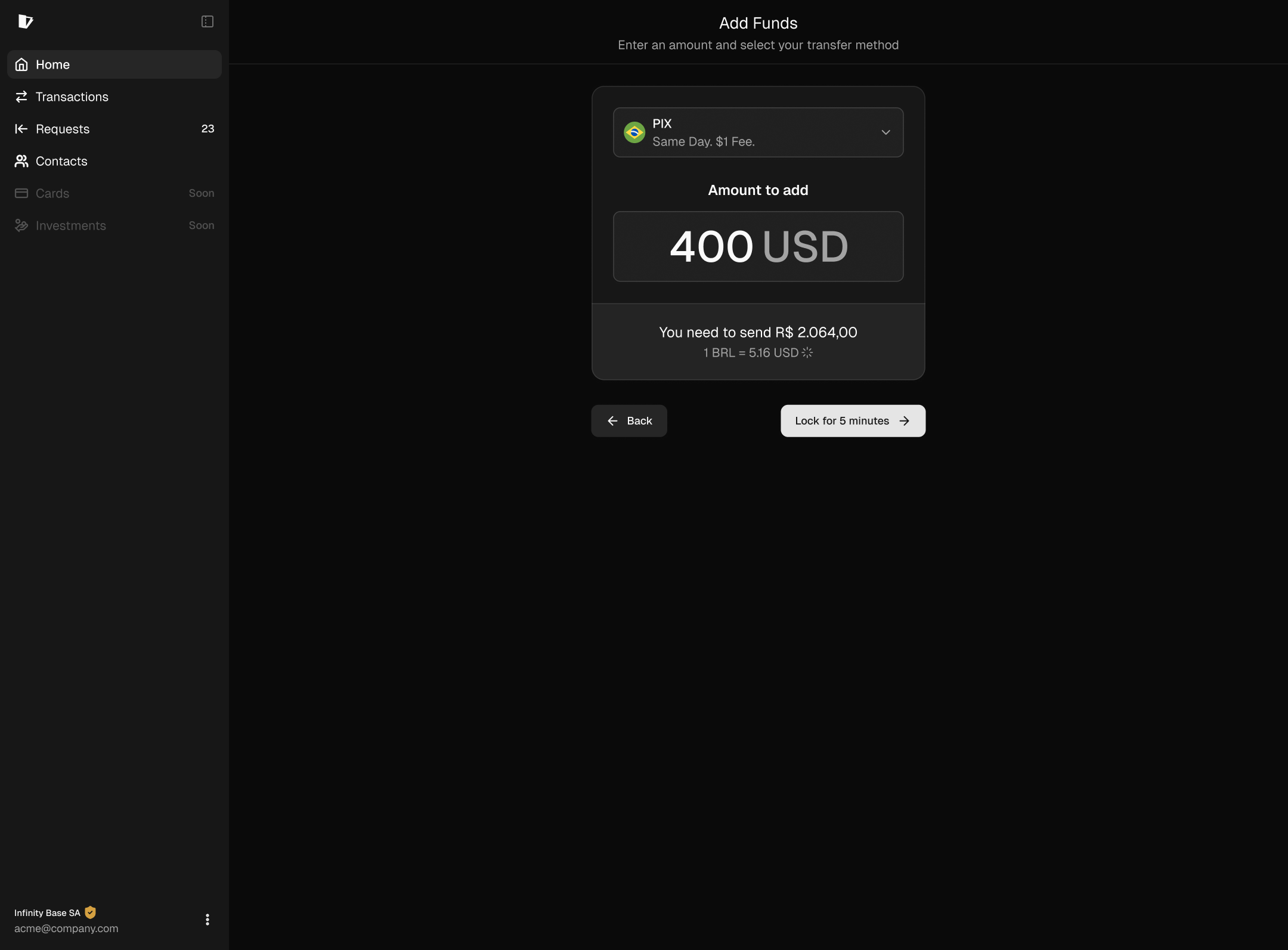 Setting the amount and reviewing the currency conversion.