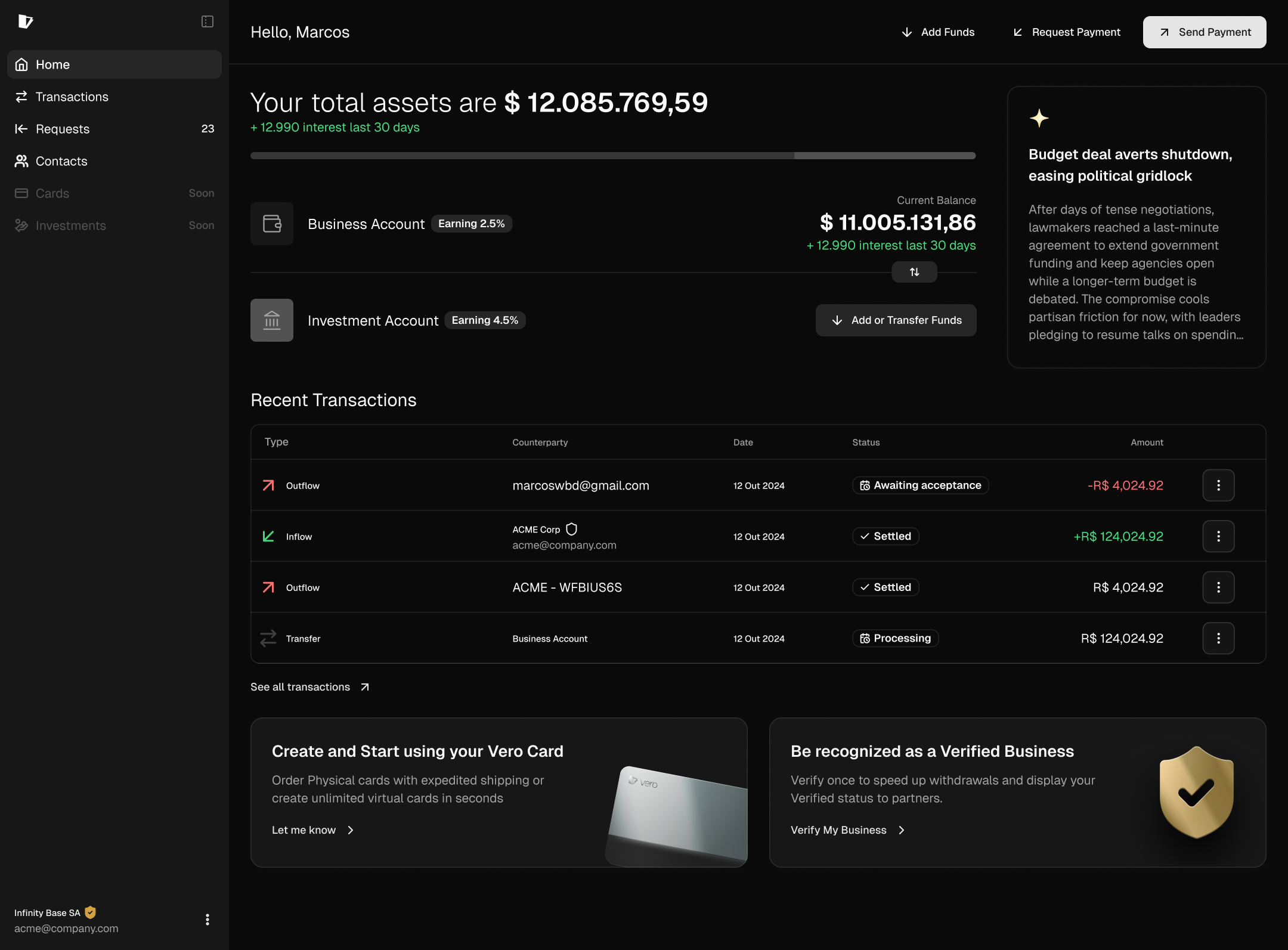 Accounts, recent activity, and key financial actions.